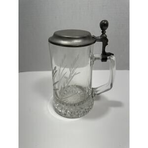 Etched Glass Beer Stein w/ Hinged Zinc Lid Fiye Five Italy Tankard Vintage 6.5”